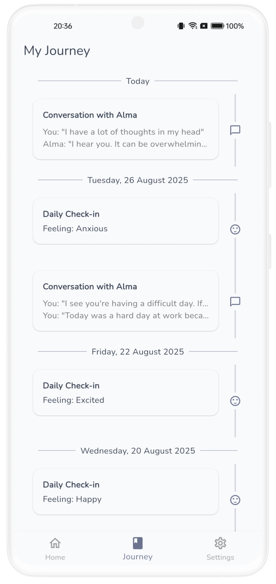 journey_screenshot Alumea app interface showing the daily check-in screen.